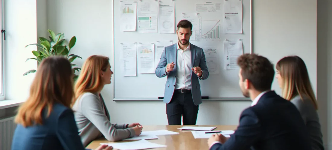 Un consultant présentant un cadre de gestion efficace des comportements à son équipe dans un bureau moderne et lumineux