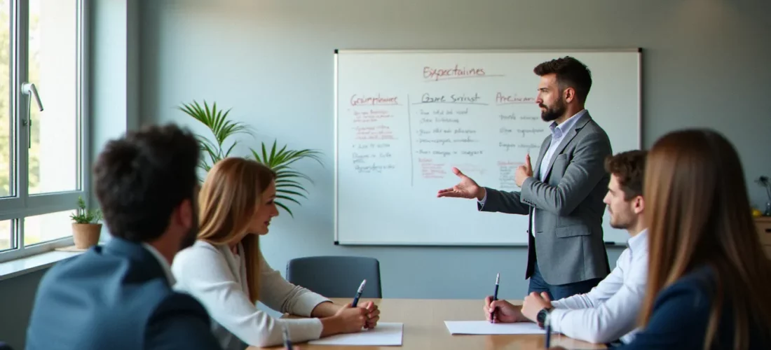 Un consultant expliquant les attentes comportementales à une équipe lors d'un atelier de gestion efficace des comportements inspiré de la méthode Steve Bissonnette