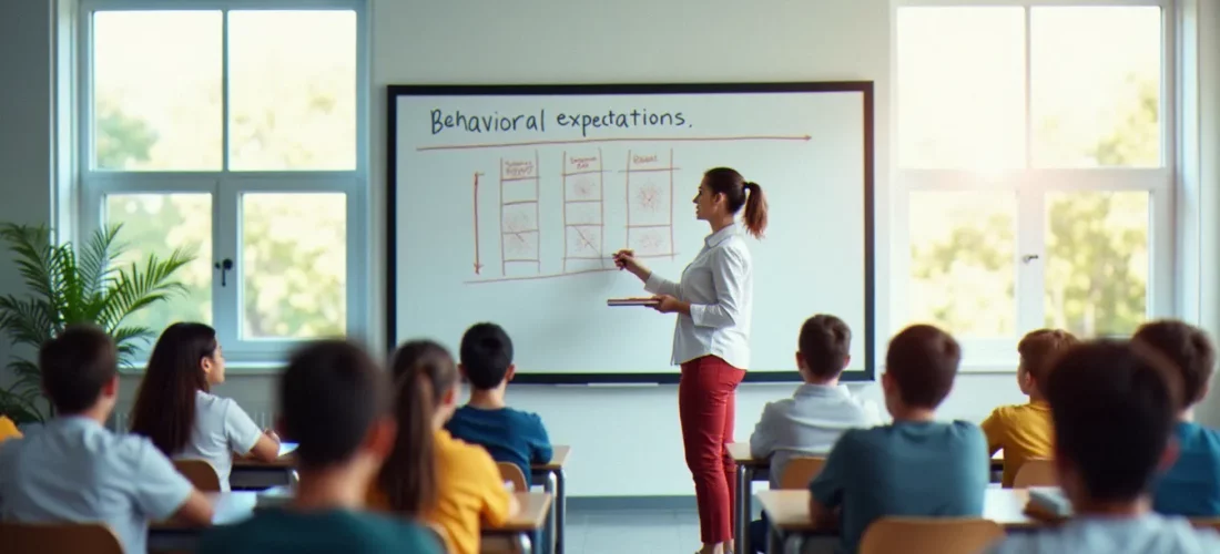 Enseignant présentant des attentes comportementales explicites au tableau dans une salle de classe structurée, illustrant la gestion efficace des comportements selon Steve Bissonnette