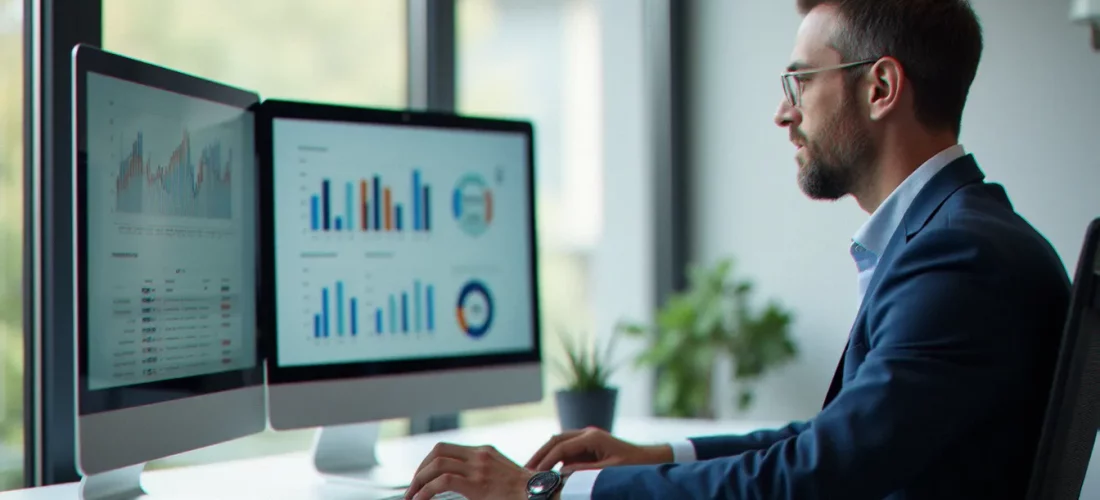 Consultant en gestion analysant des tableaux de bord comportementaux sur ordinateur, illustrant une approche rigoureuse de la gestion efficace des comportements teluq en contexte organisationnel