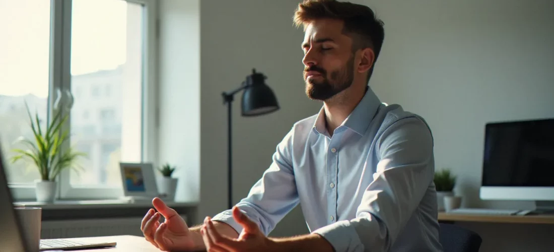 Professionnel pratiquant un exercice de respiration à son bureau pour une gestion efficace des émotions et de la pression au travail