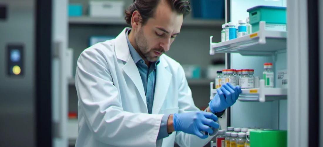 Vétérinaire organisant des flacons de vaccins dans un réfrigérateur pharmaceutique dédié, illustrant la gestion efficace des vaccins en élevage