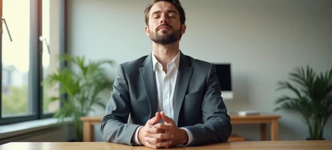 Homme en situation de gestion efficace du stress au bureau, pratiquant un exercice de respiration dans un espace de travail épuré et lumineux