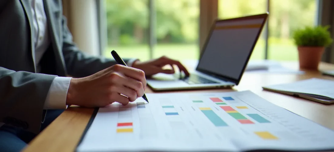 Consultant organisant un planning hebdomadaire structuré sur un bureau épuré, illustrant la gestion efficace du temps en environnement professionnel