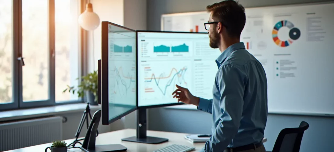 Consultant en gestion analysant un tableau de bord de performance pour mettre en place une gestion efficace et efficiente dans une entreprise