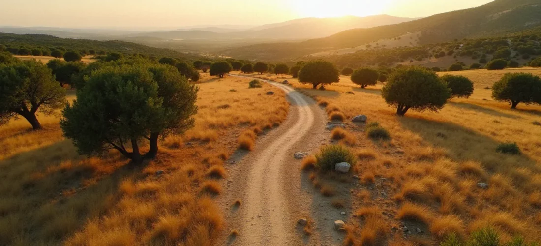 Vue aérienne d'un espace naturel sensible en garrigue méditerranéenne avec sentier balisé et pelouse calcaire, illustrant la gestion d'un espace naturel sensible