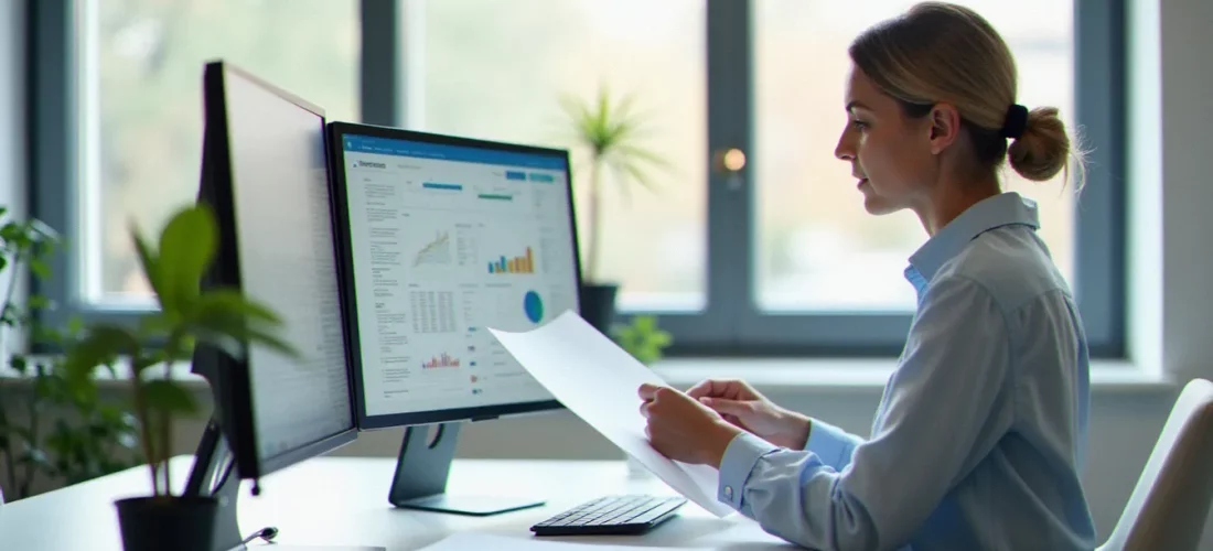 Une gestionnaire professionnelle à son bureau organisé consulte