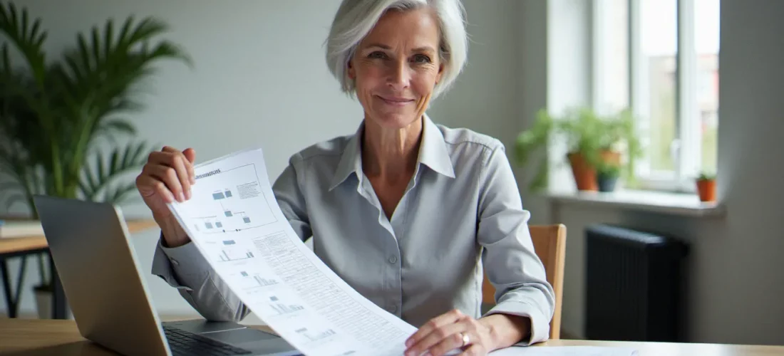 Dirigeante en train d'analyser un organigramme structuré dans un bureau moderne, illustrant la gestion France Bilodeau Inc et ses méthodes organisationnelles