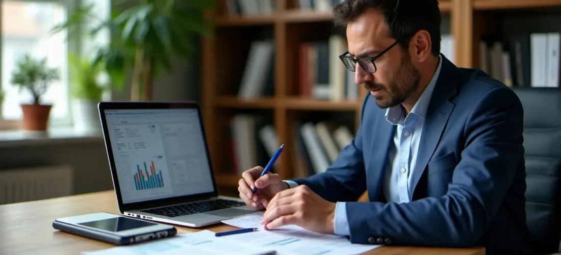 Consultant en gestion France entreprise analysant des documents administratifs pour une TPE à Cagnes-sur-Mer