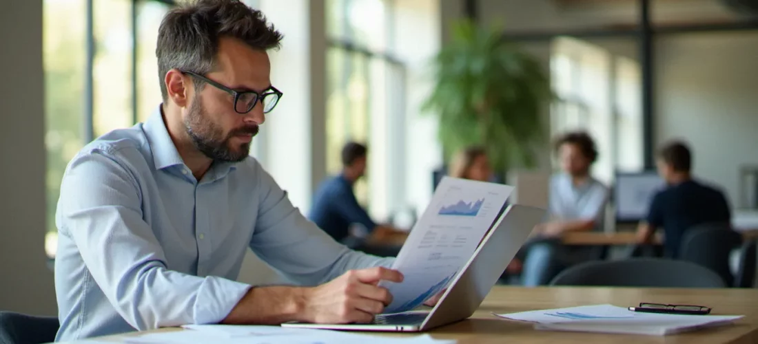 Dirigeant d'entreprise française analysant des documents de gestion et des indicateurs financiers sur un bureau moderne, illustration de la gestion france entreprise au quotidien