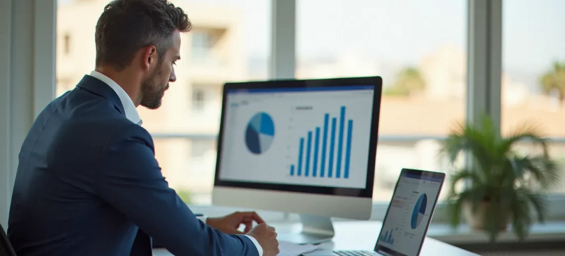 Consultant en gestion France Entreprise analysant des tableaux de bord financiers dans un bureau à Nice avec vue méditerranéenne