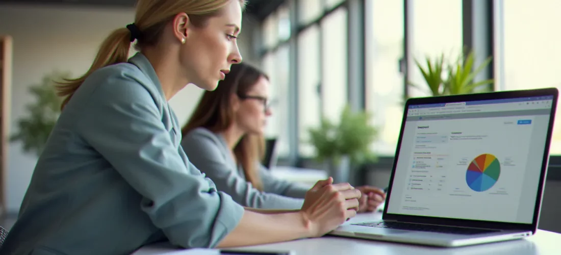 Responsable RH consultant l'espace employeur France Travail sur son ordinateur portable dans un bureau professionnel lumineux, illustrant la gestion des démarches administratives employeur