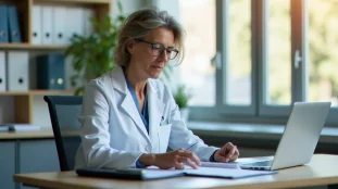 Cadre de santé consultant un guide de gestion hospitalière dans un bureau administratif d'établissement de soins