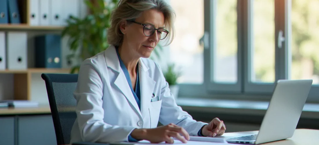 Cadre de santé consultant un guide de gestion hospitalière dans un bureau administratif d'établissement de soins