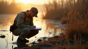 Technicien naturaliste en milieu humide réalisant un inventaire faunistique dans le cadre d'une mission de gestion du milieu naturel et de la faune