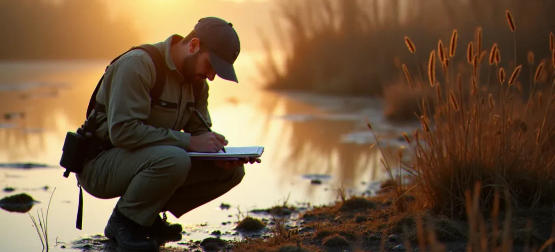 Technicien naturaliste en milieu humide réalisant un inventaire faunistique dans le cadre d'une mission de gestion du milieu naturel et de la faune