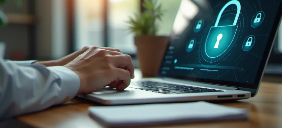 Un professionnel consultant le gestionnaire de mot de passe Google sur son ordinateur portable dans un bureau moderne