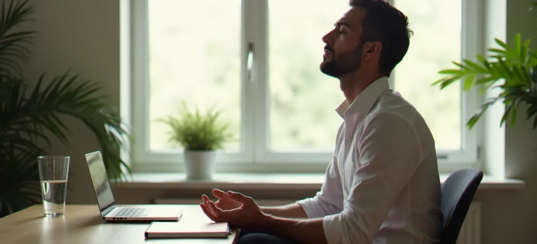 Homme en train de pratiquer la respiration consciente à son bureau pour une gestion naturelle du stress au quotidien