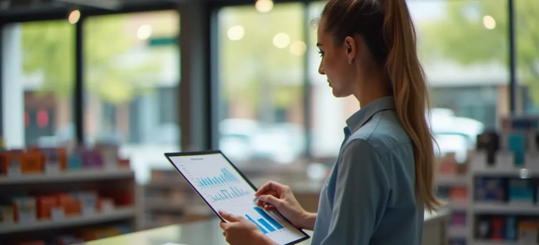 Étudiante en BTS MCO analysant un tableau de bord de gestion opérationnelle dans une unité commerciale moderne et bien organisée en 2026