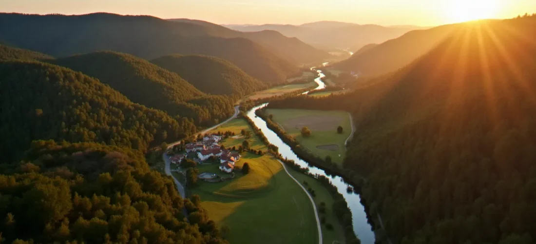 Vue aérienne d'un parc naturel régional français au coucher du soleil, illustrant la gestion d'un territoire rural préservé