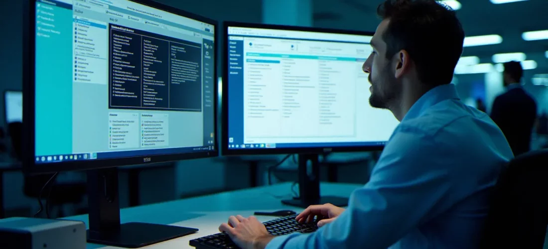 Ingénieur en automatisme configurant la gestion recette TIA Portal sur un poste de travail industriel avec interface HMI Siemens visible à l'écran