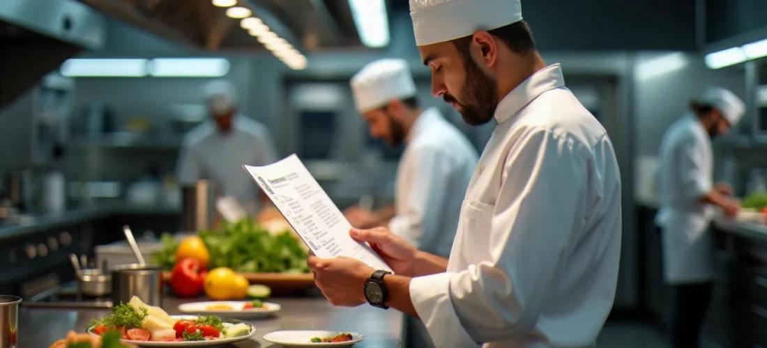 Chef consultant consultant examinant une fiche de gestion recettes de cuisine dans une cuisine professionnelle moderne