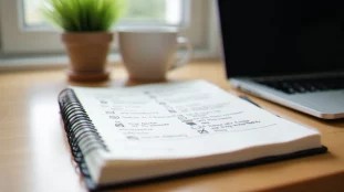 Bureau professionnel épuré illustrant la gestion sans stress, avec un cahier de notes structurées et une lumière naturelle douce