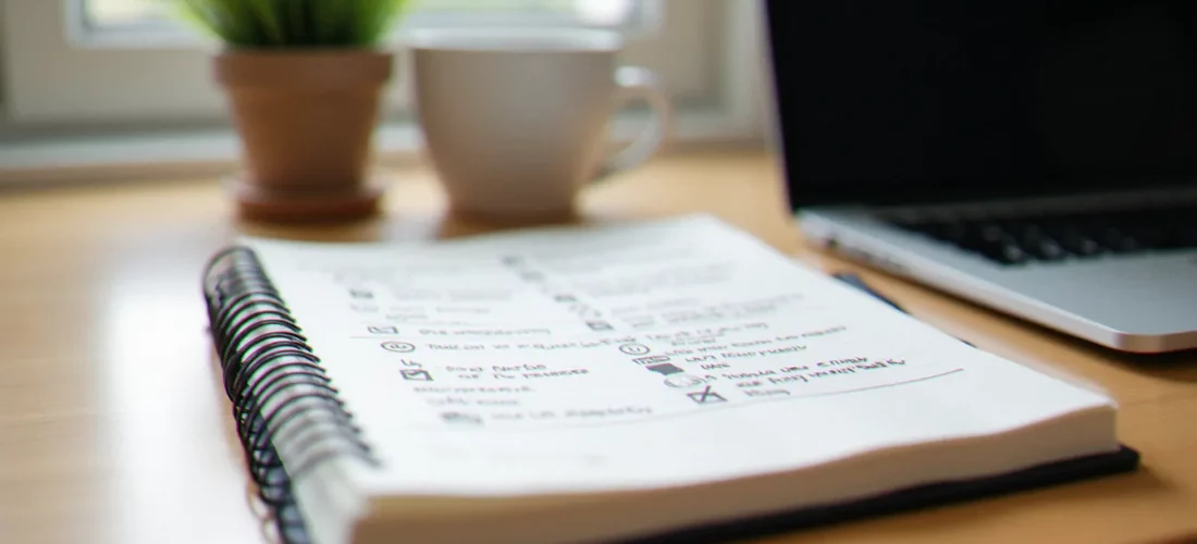 Bureau professionnel épuré illustrant la gestion sans stress, avec un cahier de notes structurées et une lumière naturelle douce