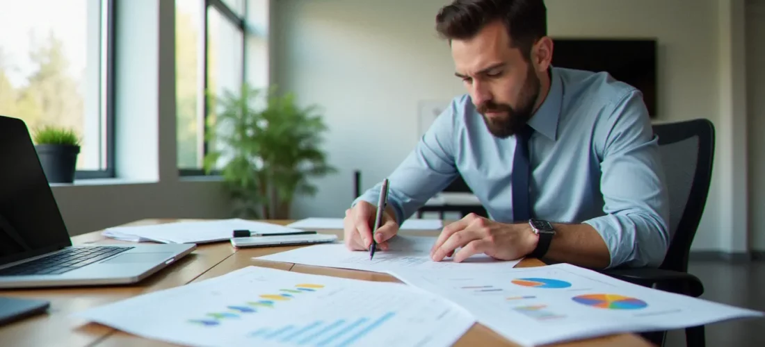 Consultant en gestion analysant des documents de processus structurés sur un bureau organisé, illustration de la méthode de gestion Sanscartier et Duguay Inc