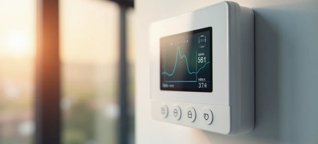 Gestionnaire bioclimatique Delta Dore monté sur un mur intérieur, affichant une courbe de chauffe sur son écran numérique dans un contexte de gestion thermique résidentielle
