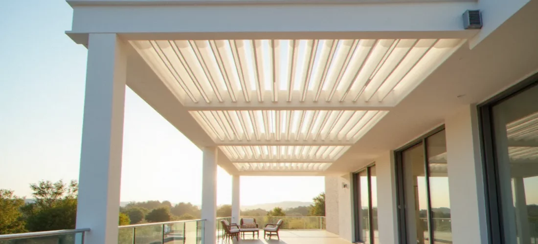 Gestionnaire bioclimatique Tywell installé sur une pergola bioclimatique à lames orientables sur terrasse professionnelle, avec lames en position intermédiaire filtrant la lumière du soleil
