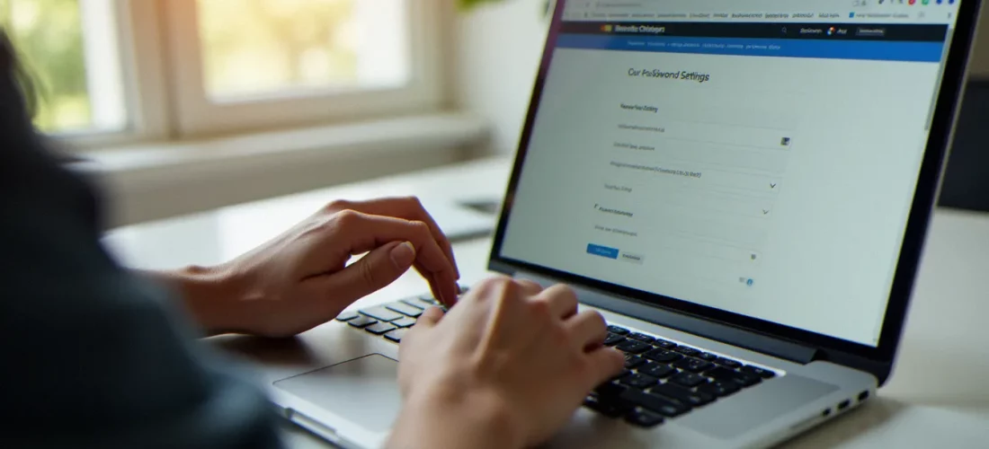 Mains tapant sur un clavier d'ordinateur portable avec le gestionnaire de mot de passe Google Chrome ouvert dans le navigateur