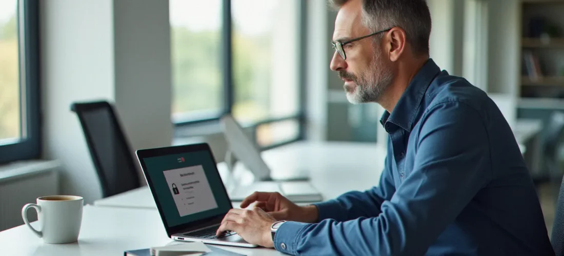Consultant utilisant un gestionnaire de mot de passe Google sur ordinateur portable dans un bureau moderne et lumineux
