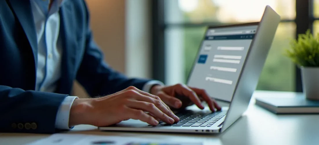 Un consultant utilisant un gestionnaire mot de passe sur son ordinateur portable dans un bureau moderne, illustrant la sécurité des accès numériques professionnels
