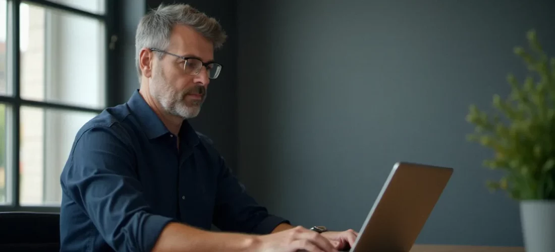 Consultant professionnel utilisant un gestionnaire mot de passe Google sur son ordinateur portable dans un bureau moderne et épuré à Montpellier