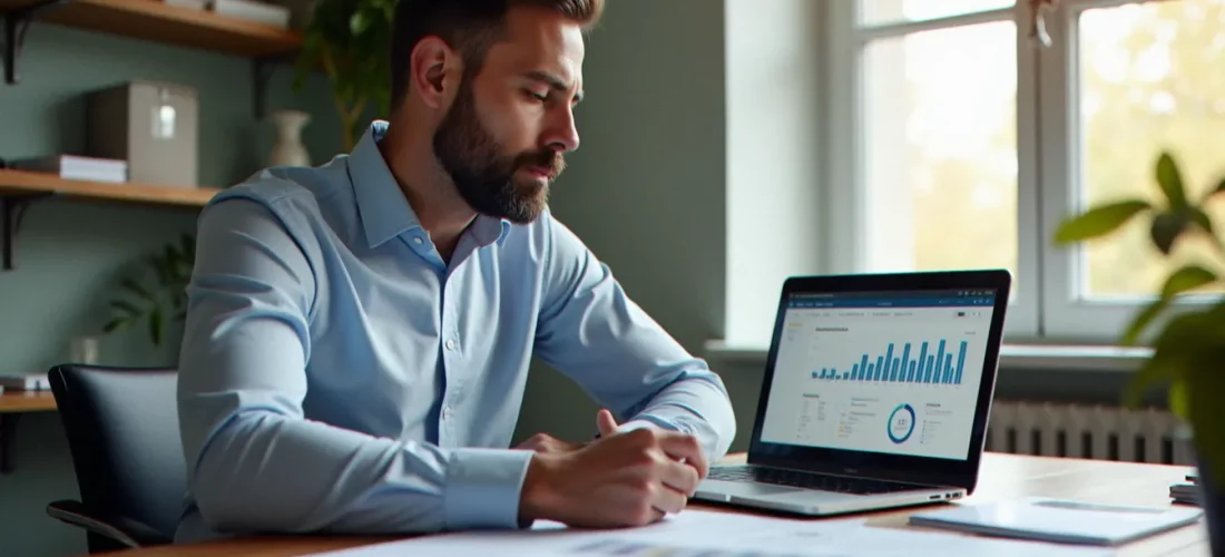 Un gestionnaire immobilier sans diplôme travaillant sur ses dossiers de gestion locative dans un bureau moderne