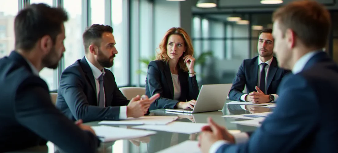 Réunion de cellule de crise en entreprise illustrant le guide gestion de crise avec des professionnels autour d'une table de travail