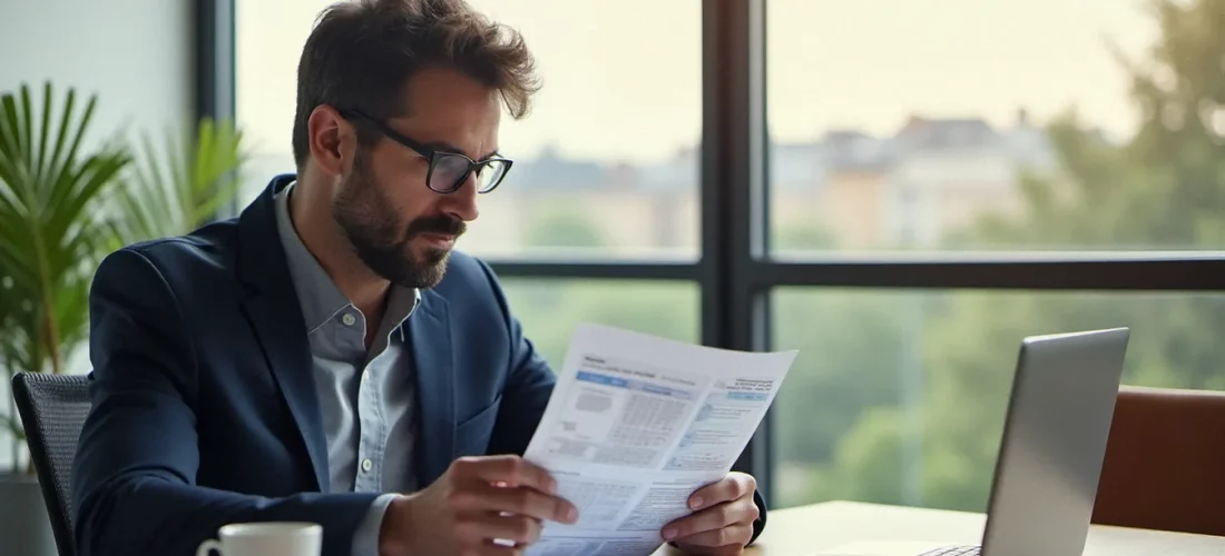 Consultant en gestion de projet examinant un guide gestion de projet PDF imprimé sur son bureau dans un bureau moderne baigné de lumière naturelle