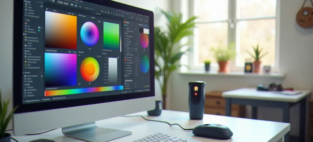 Poste de travail professionnel avec écran calibré affichant des échantillons de couleurs, illustrant un guide gestion des couleurs en contexte studio
