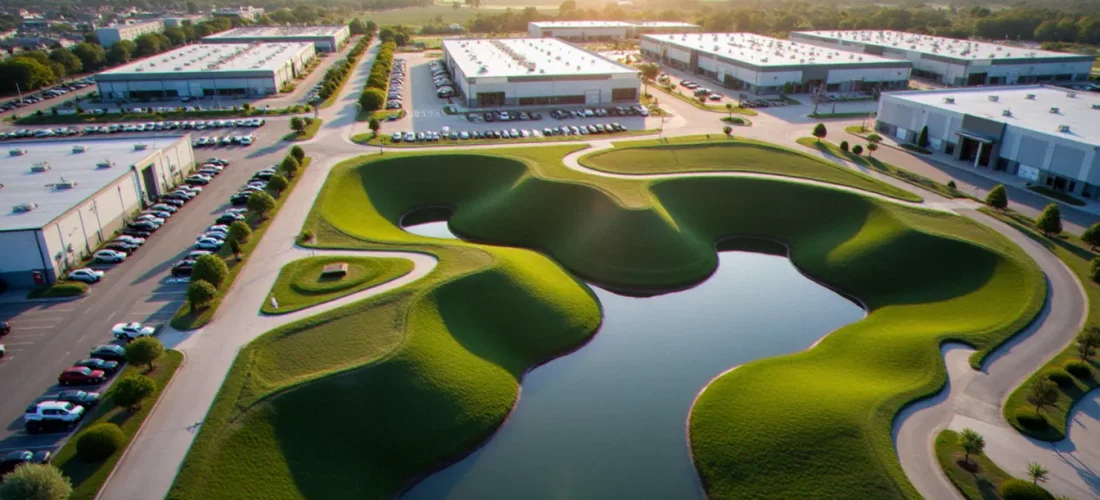 Vue aérienne d'un bassin de rétention des eaux pluviales végétalisé intégré dans une zone d'activités commerciales, illustrant le guide gestion des eaux pluviales en milieu urbain