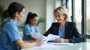 Responsable qualité en réunion d'équipe pour la gestion des risques de maltraitance en établissement médico-social, documents de suivi sur la table
