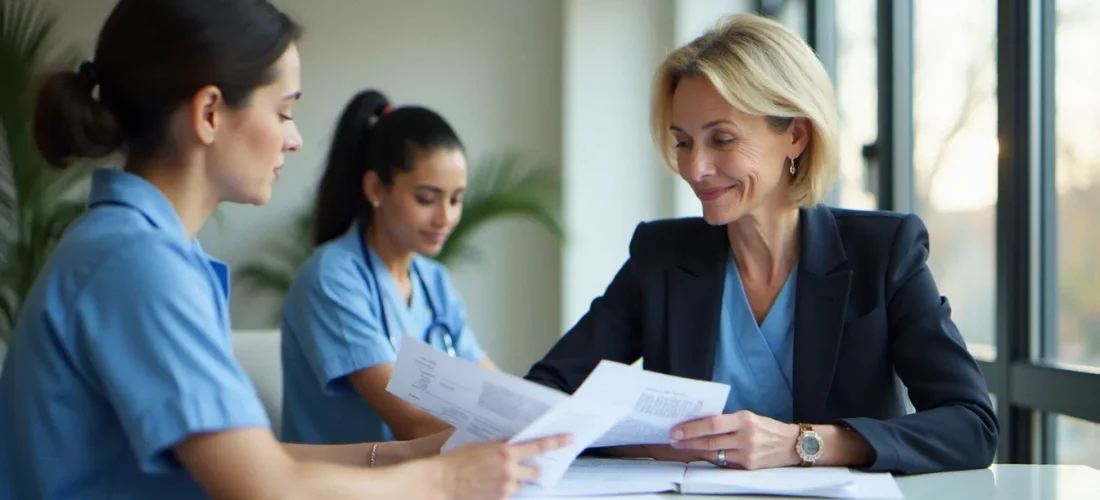Responsable qualité en réunion d'équipe pour la gestion des risques de maltraitance en établissement médico-social, documents de suivi sur la table