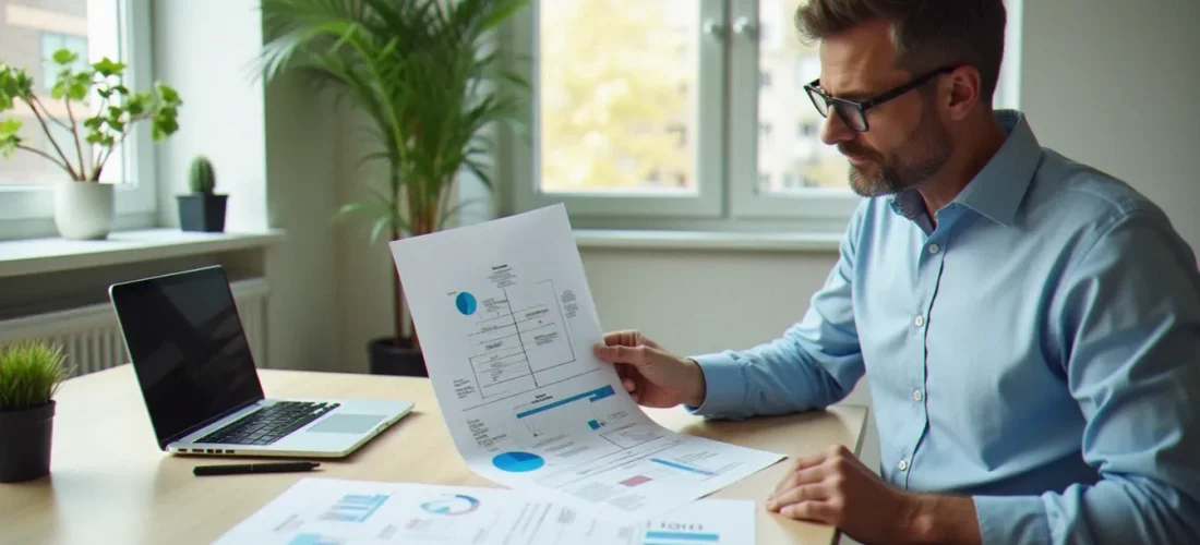 Consultant en gestion analysant des diagrammes de processus