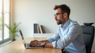 Un professionnel consulte le bon coin mon compte sur un ordinateur portable dans un bureau épuré et lumineux