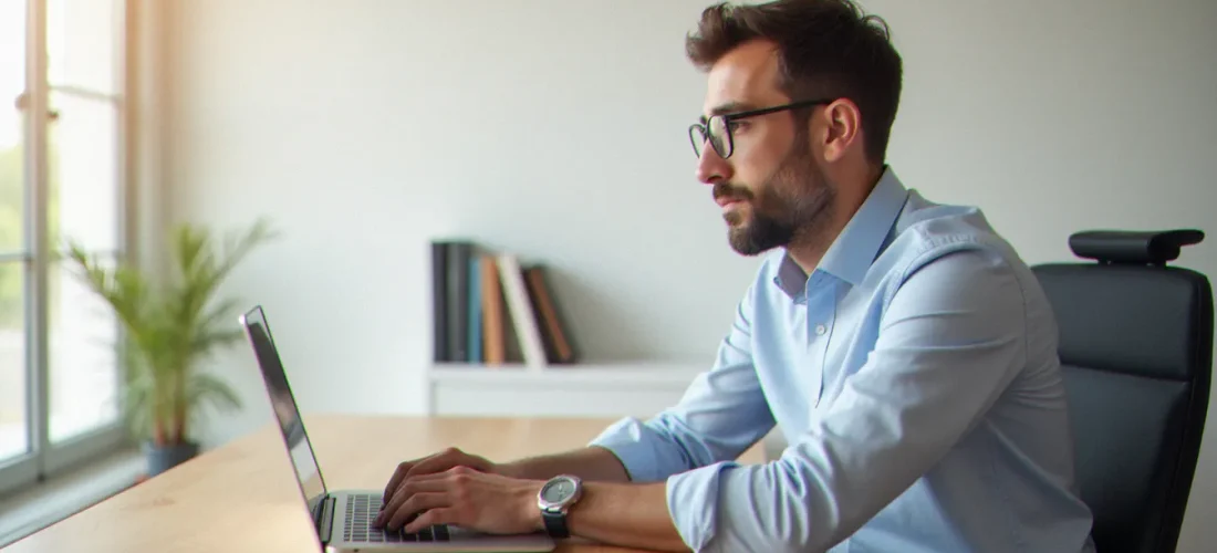 Un professionnel consulte le bon coin mon compte sur un ordinateur portable dans un bureau épuré et lumineux