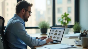 Un gestionnaire locatif professionnel consultant des annonces immobilières sur leboncoin depuis son bureau organisé et lumineux