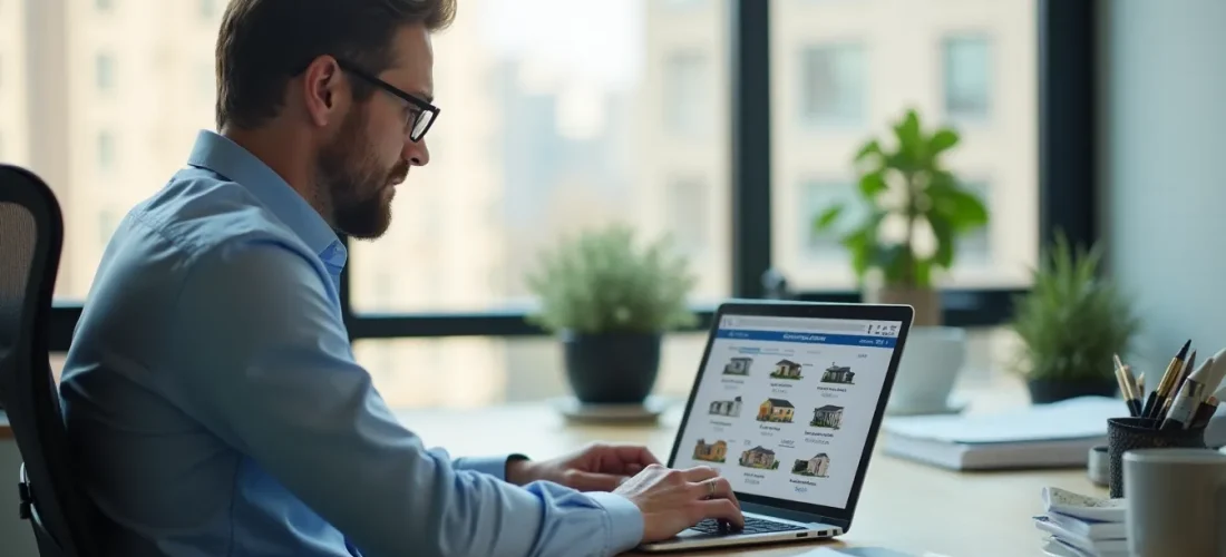 Un gestionnaire locatif professionnel consultant des annonces immobilières sur leboncoin depuis son bureau organisé et lumineux