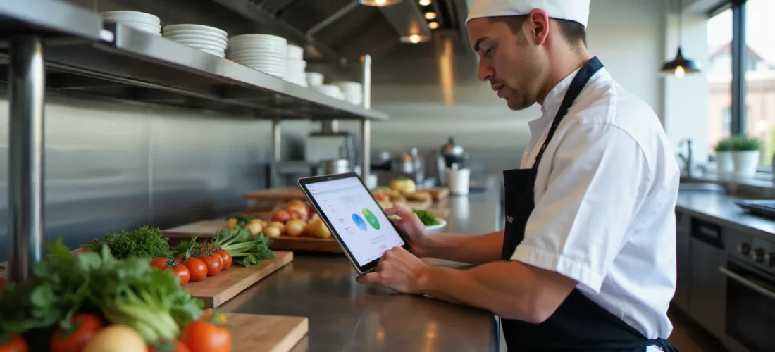 Chef consultant utilisant un logiciel gestion recette cuisine gratuit sur tablette dans une cuisine professionnelle moderne