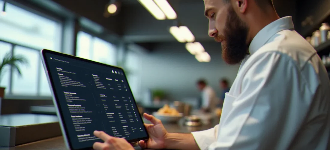 Chef consultant consultant une interface de logiciel gestion recettes de cuisine sur tablette dans une cuisine professionnelle moderne