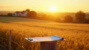 Paysage agricole français avec documents réglementaires au premier plan, illustrant les enjeux de la loi Duplomb pour la gestion des exploitations